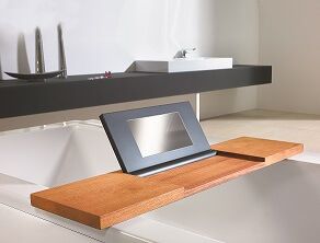 Bathtub tray made of water resistant doussie wood and PU pad with integrated mirror - Bathtub tray made of water resistant doussie wood and PU pad with integrated mirror