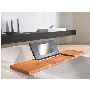 Bathtub tray made of water resistant doussie wood and PU pad with integrated mirror