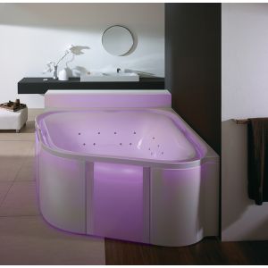 Image shows bathtub with glass panel in white
