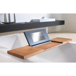 Bathtub tray made of water resistant teak wood and PU pad with integrated mirror