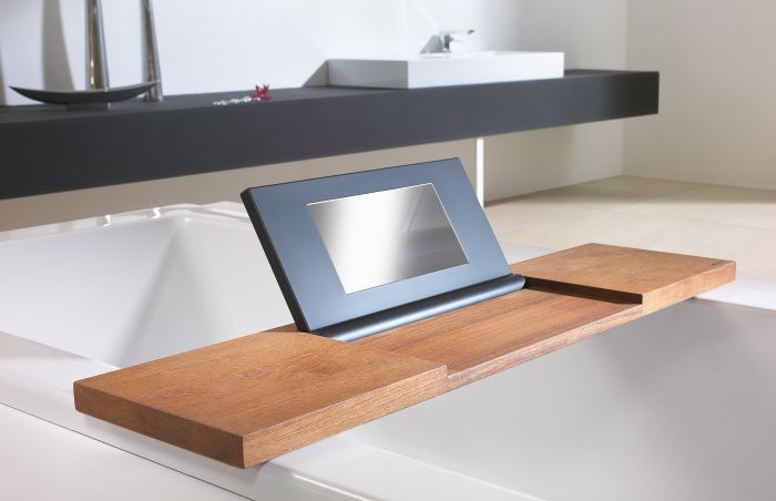 Bathtub tray made of water resistant teak wood and PU pad with integrated mirror