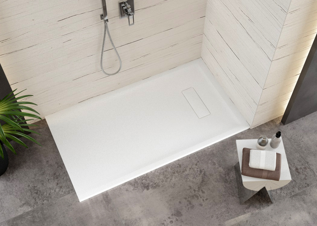 The SOLA shower tray – the new Solique mineral cast design highlight, with side drain.