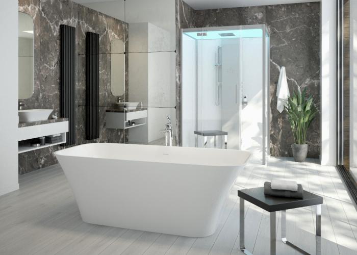 Die neue Badewannen- und Waschbecken-Serie Leros aus nachhaltigem Solique – magische Vierecke mit eleganter Wölbung