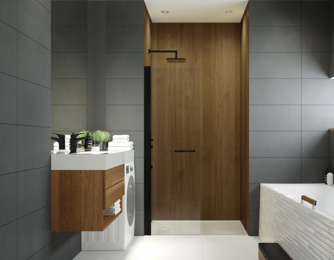 Bathroom with wooden accents and dark tiles