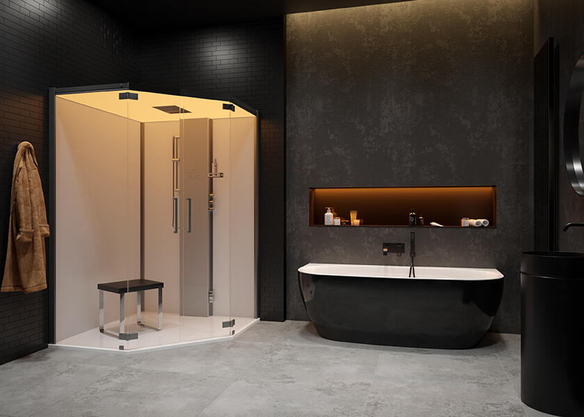 Elegant bathroom with steam cabin or shower with dark walls