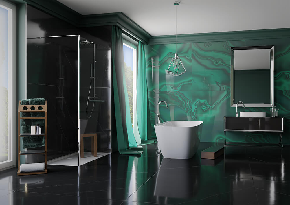 Spacious bathroom in dark colours